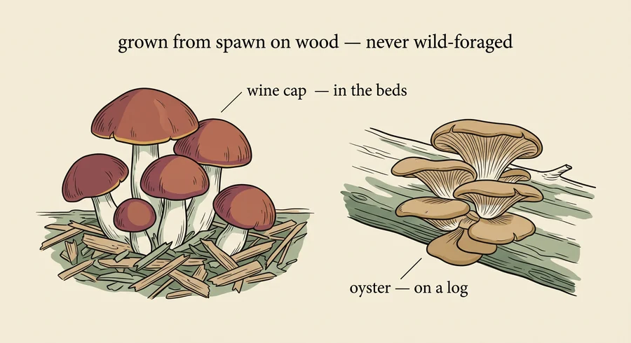 Illustration de champignons cultiv&eacute;s (wine cap et pleurote) poussant sur un substrat de copeaux de bois et de rondins